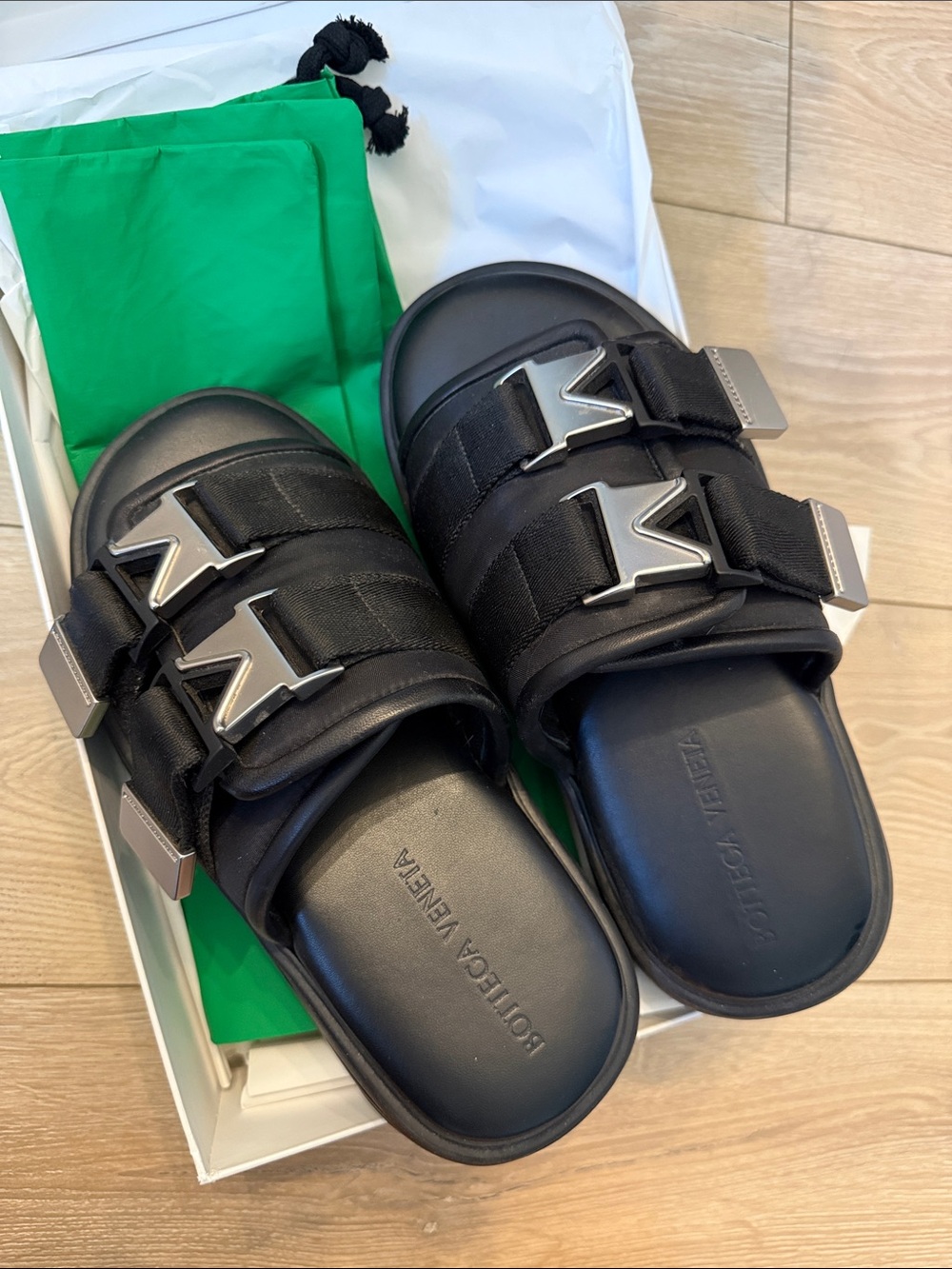 Bottega Veneta Flash Black Double Strap Platform Slides with Silver Buckles